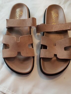 Women's Neutral Suede Slide Sandals with Dual Straps
